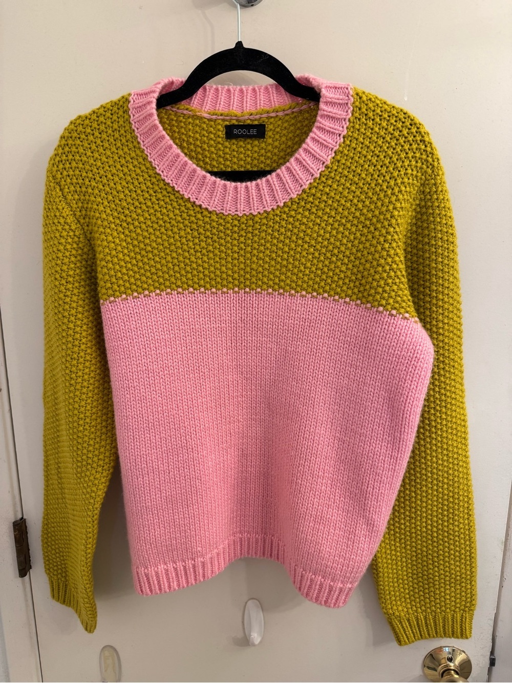 Roolee Pink and Olive Green Colorblock Crewneck Sweater 2xl